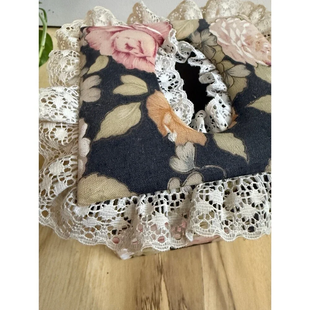 Floral Fabric Tissue Box Cover with Lace Trim